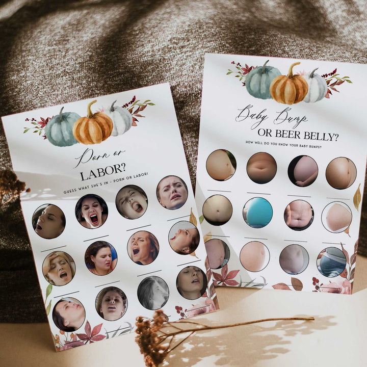Fully editable and printable baby shower porn or labor, baby bump or beer bally games with a fall pumpkin design. Perfect for a Fall Pumpkin baby shower themed party