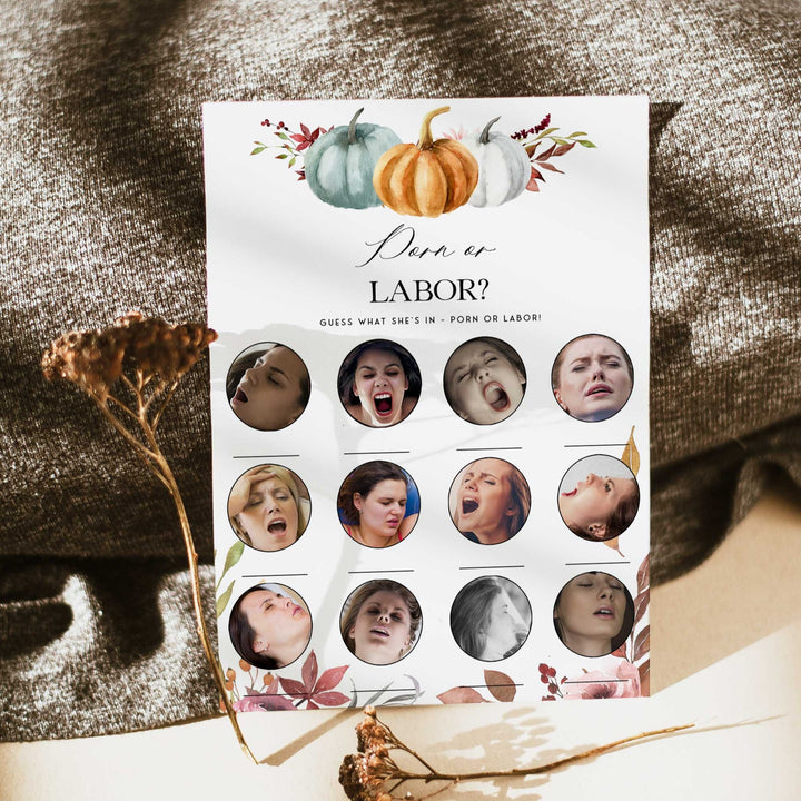 Fully editable and printable baby shower porn or labor, baby bump or beer bally games with a fall pumpkin design. Perfect for a Fall Pumpkin baby shower themed party