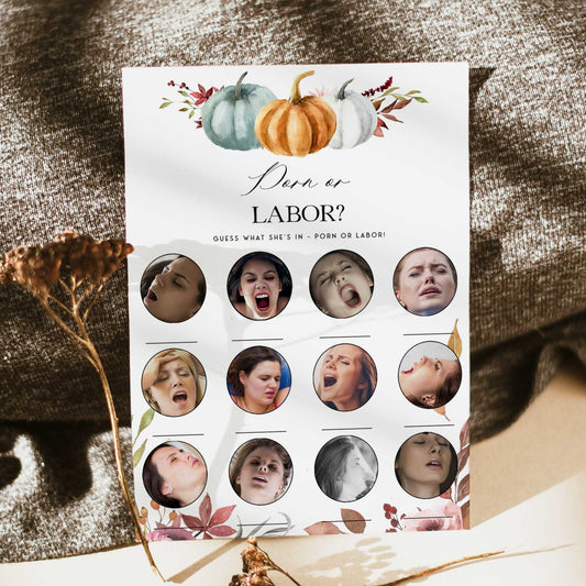 Fully editable and printable baby shower porn or labor game with a fall pumpkin design. Perfect for a Fall Pumpkin baby shower themed party