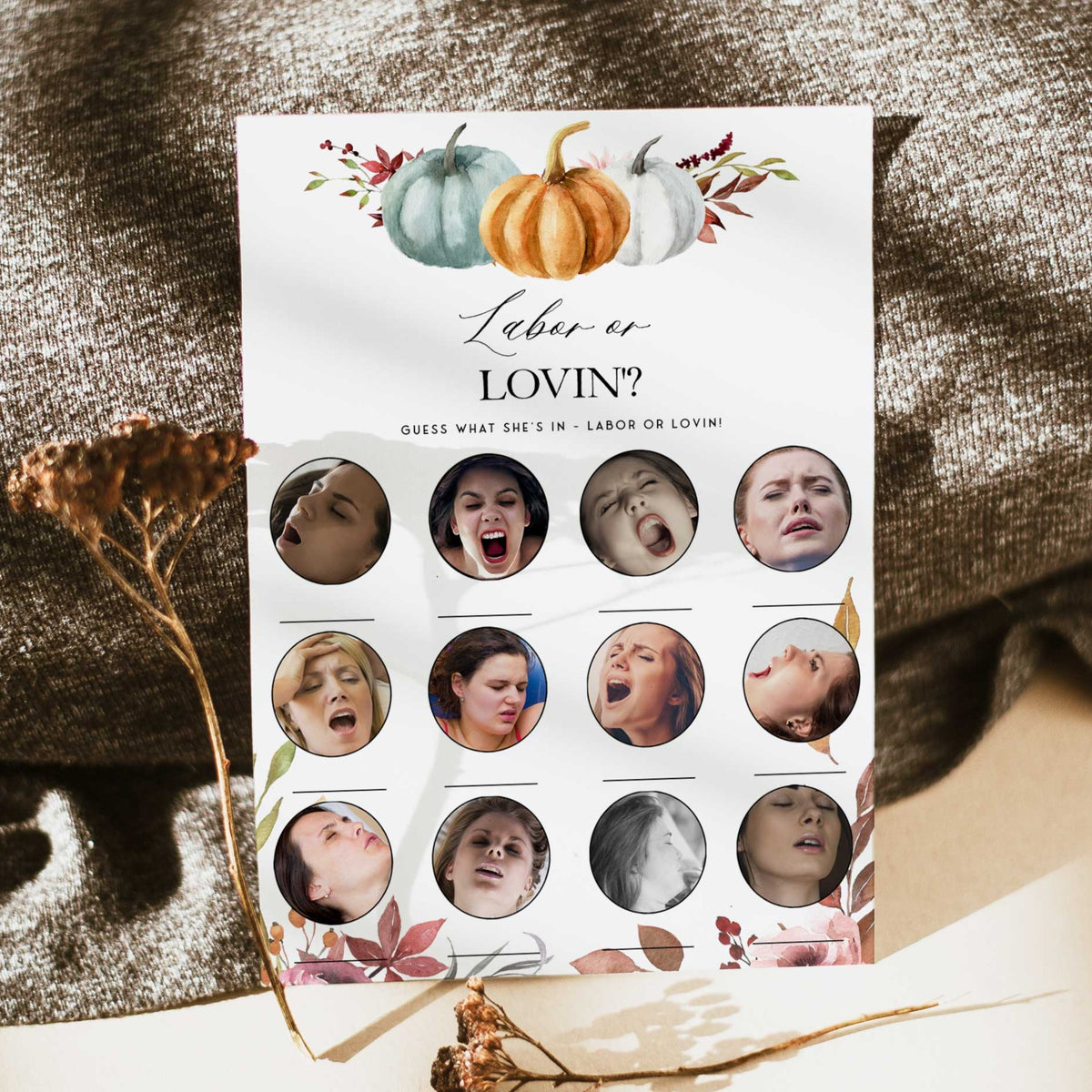 Fully editable  baby shower labor or lovin game with a fall pumpkin design. Perfect for a Fall Pumpkin baby shower themed party