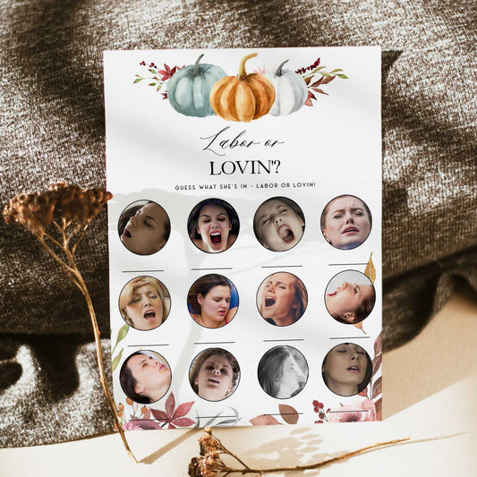 Fully editable  baby shower labor or lovin game with a fall pumpkin design. Perfect for a Fall Pumpkin baby shower themed party