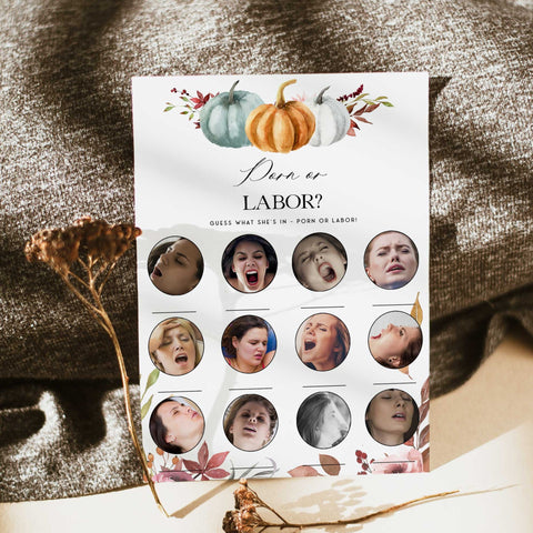 Fully editable and printable baby shower porn or labor, baby bump or beer bally games with a fall pumpkin design. Perfect for a Fall Pumpkin baby shower themed party