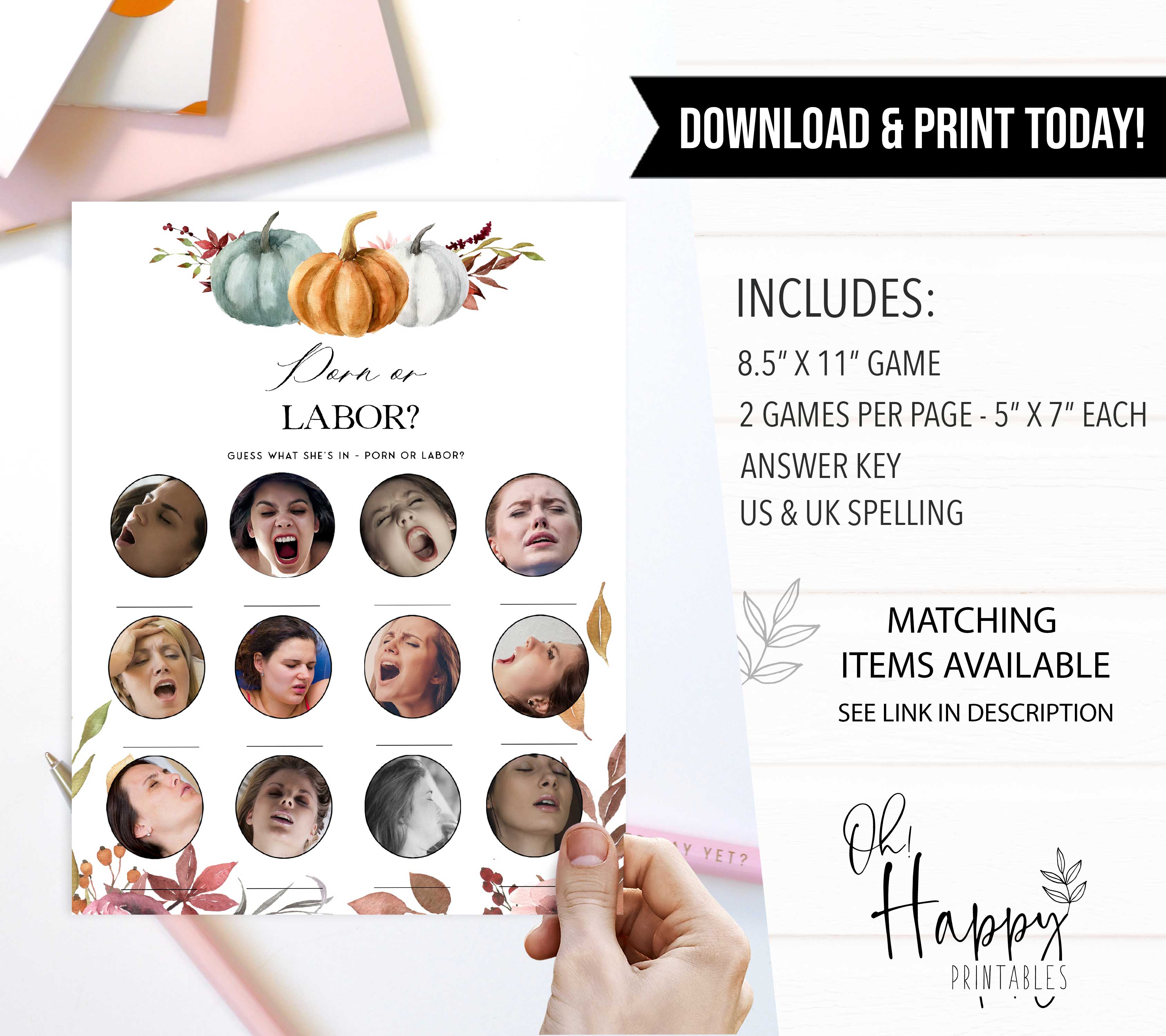 Fully editable and printable baby shower porn or labor game with a fall pumpkin design. Perfect for a Fall Pumpkin baby shower themed party