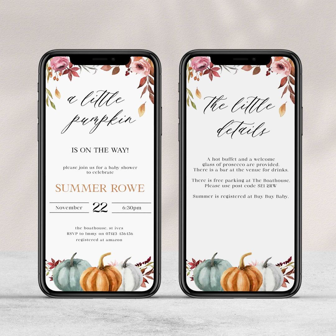 Fully editable baby shower little pumpkin invitation with a fall pumpkin design. Perfect for a Fall Pumpkin baby shower themed party