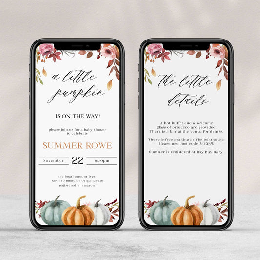 Fully editable baby shower little pumpkin invitation with a fall pumpkin design. Perfect for a Fall Pumpkin baby shower themed party