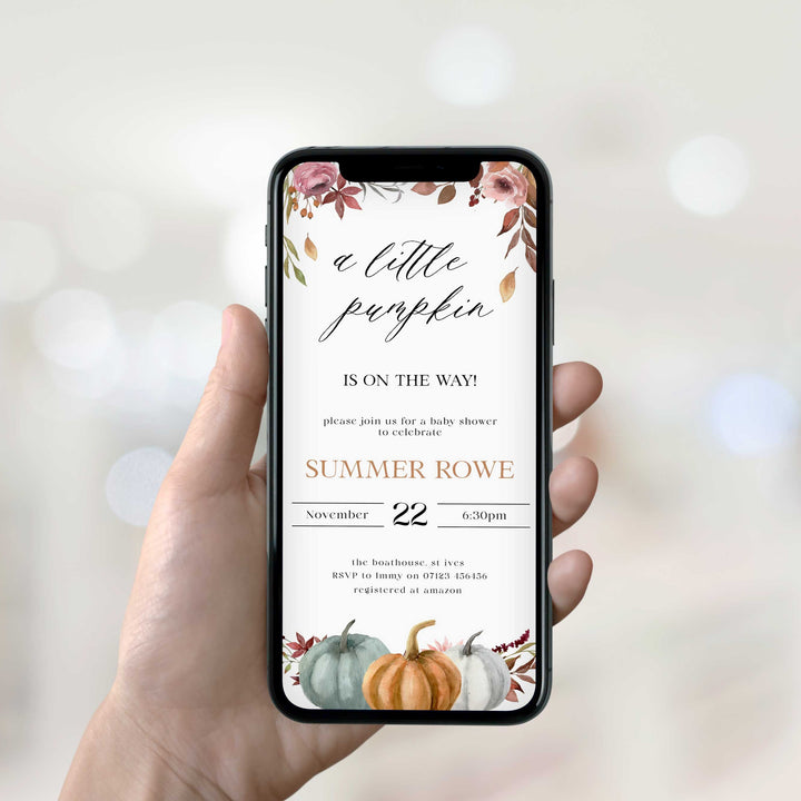 Fully editable baby shower little pumpkin invitation with a fall pumpkin design. Perfect for a Fall Pumpkin baby shower themed party