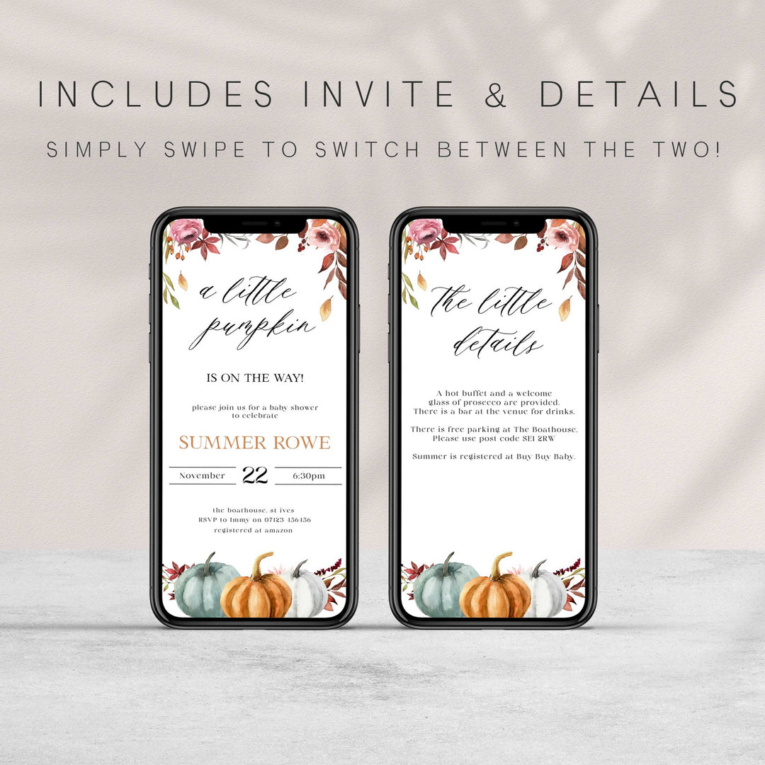 Fully editable baby shower little pumpkin invitation with a fall pumpkin design. Perfect for a Fall Pumpkin baby shower themed party