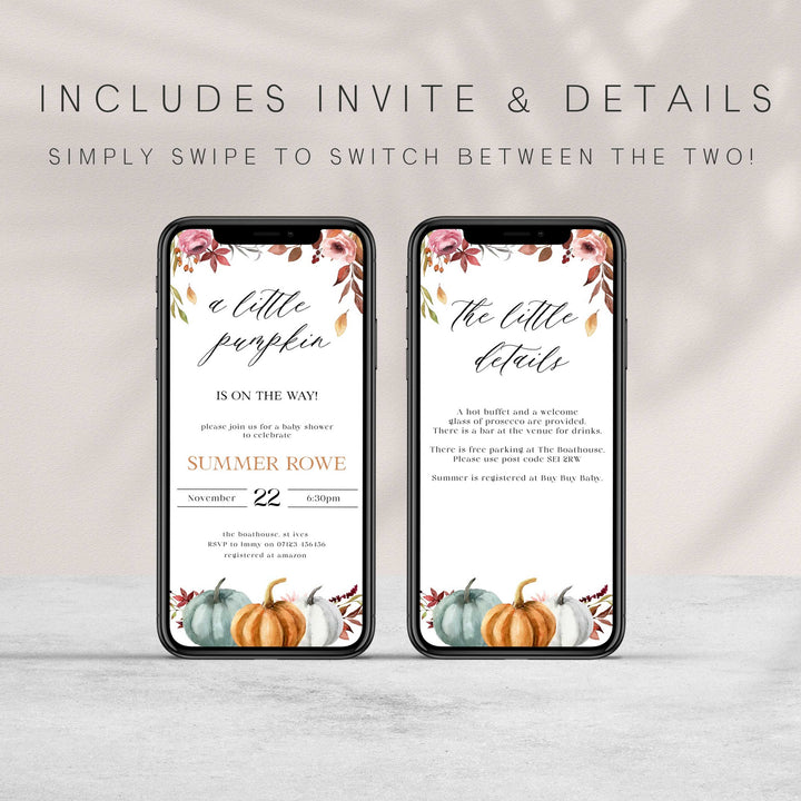 Fully editable baby shower little pumpkin invitation with a fall pumpkin design. Perfect for a Fall Pumpkin baby shower themed party