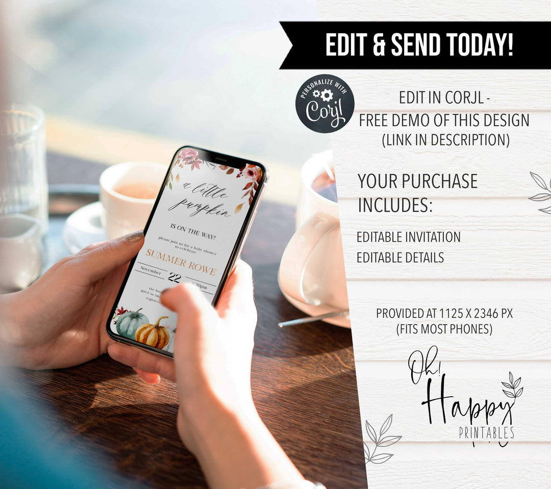 Fully editable baby shower little pumpkin invitation with a fall pumpkin design. Perfect for a Fall Pumpkin baby shower themed party