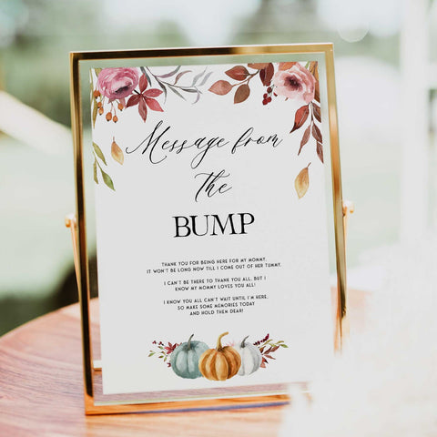 Fully editable and printable baby shower message from the bump game with a fall pumpkin design. Perfect for a Fall Pumpkin baby shower themed party
