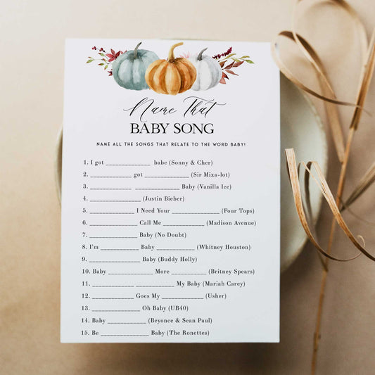 Fully editable and printable baby shower name that baby song game with a fall pumpkin design. Perfect for a Fall Pumpkin baby shower themed party