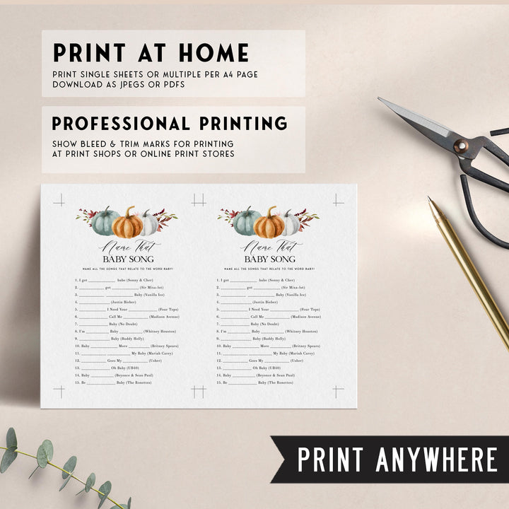 Fully editable and printable baby shower name that baby song game with a fall pumpkin design. Perfect for a Fall Pumpkin baby shower themed party