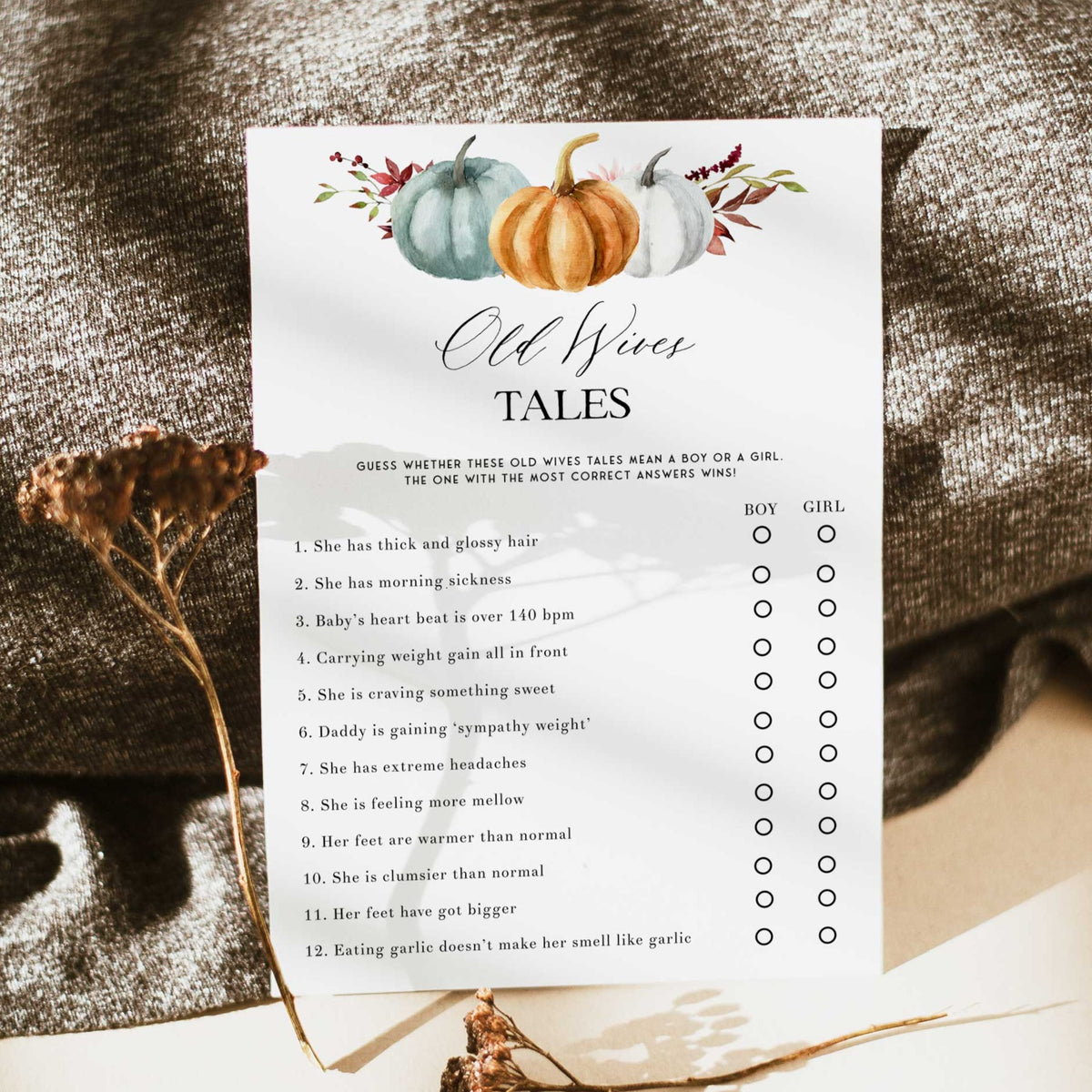 Fully editable and printable baby shower old wives tales game with a fall pumpkin design. Perfect for a Fall Pumpkin baby shower themed party