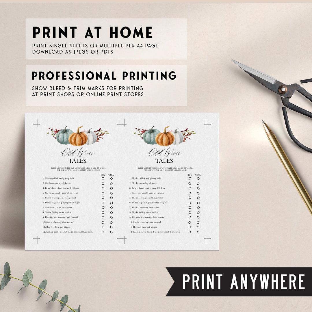 Fully editable and printable baby shower old wives tales game with a fall pumpkin design. Perfect for a Fall Pumpkin baby shower themed party