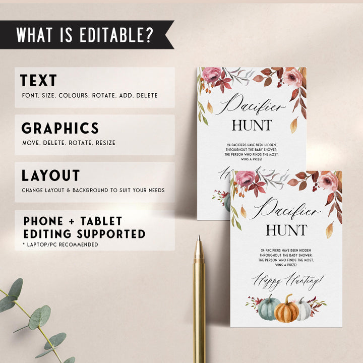 Fully editable and printable baby shower pacifier hunt game with a fall pumpkin design. Perfect for a Fall Pumpkin baby shower themed party