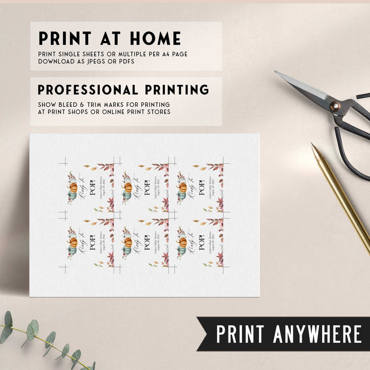 Fully editable and printable baby shower pop tags favor tags with a fall pumpkin design. Perfect for a Fall Pumpkin baby shower themed party