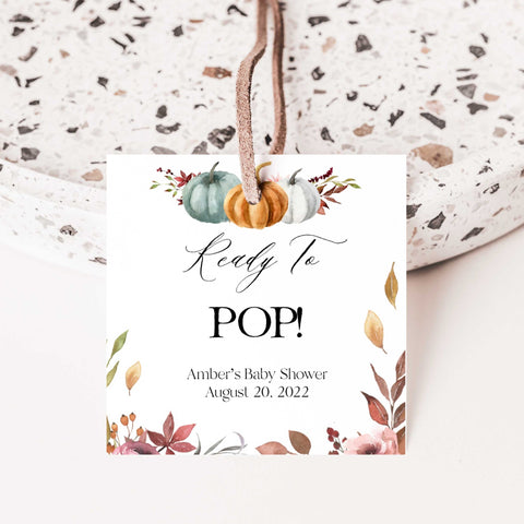 Fully editable and printable baby shower pop tags favor tags with a fall pumpkin design. Perfect for a Fall Pumpkin baby shower themed party