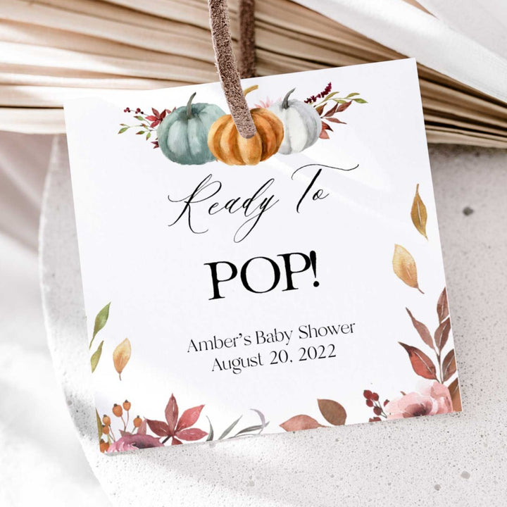 Fully editable and printable baby shower pop tags favor tags with a fall pumpkin design. Perfect for a Fall Pumpkin baby shower themed party
