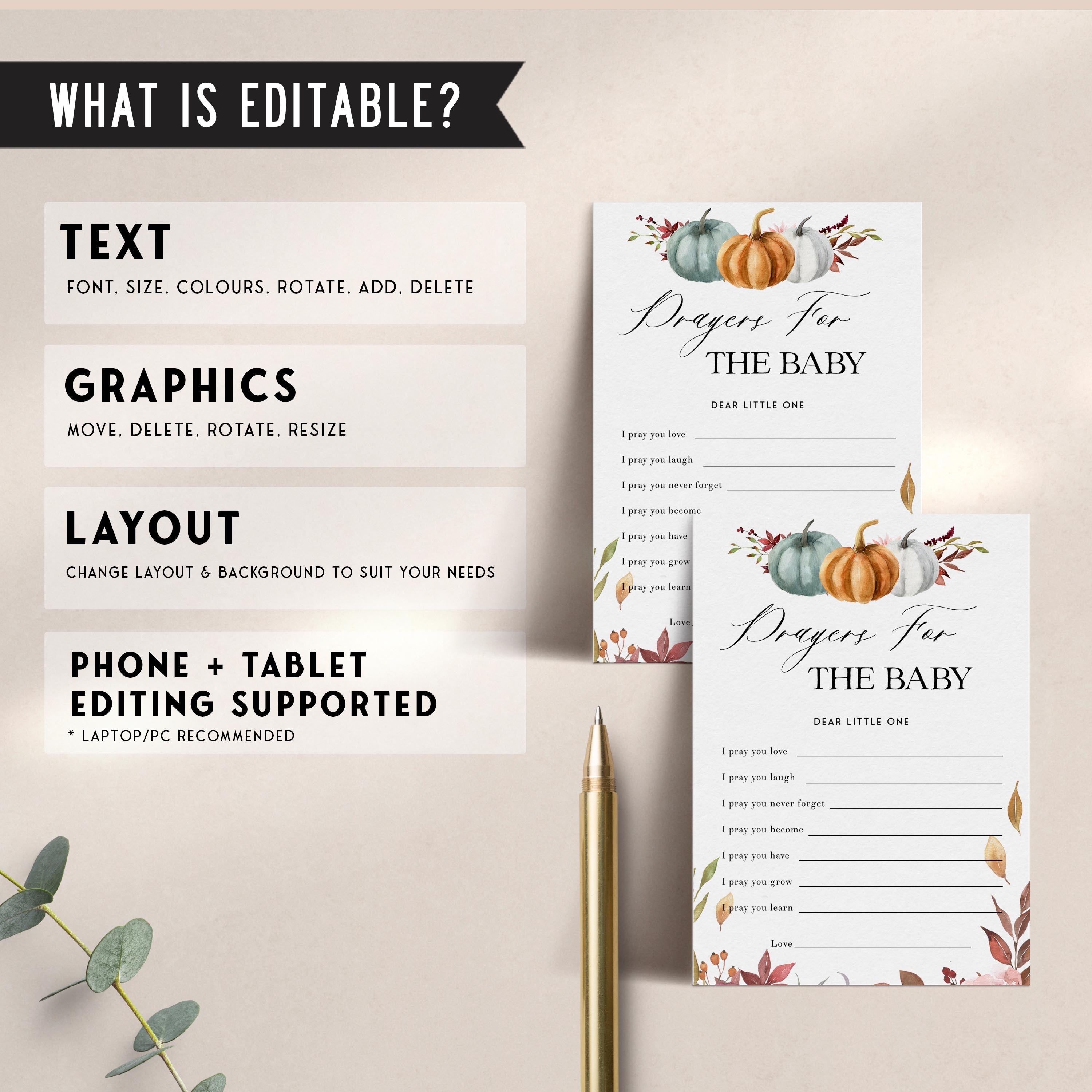 Fully editable and printable baby shower prayers for the baby game with a fall pumpkin design. Perfect for a Fall Pumpkin baby shower themed party
