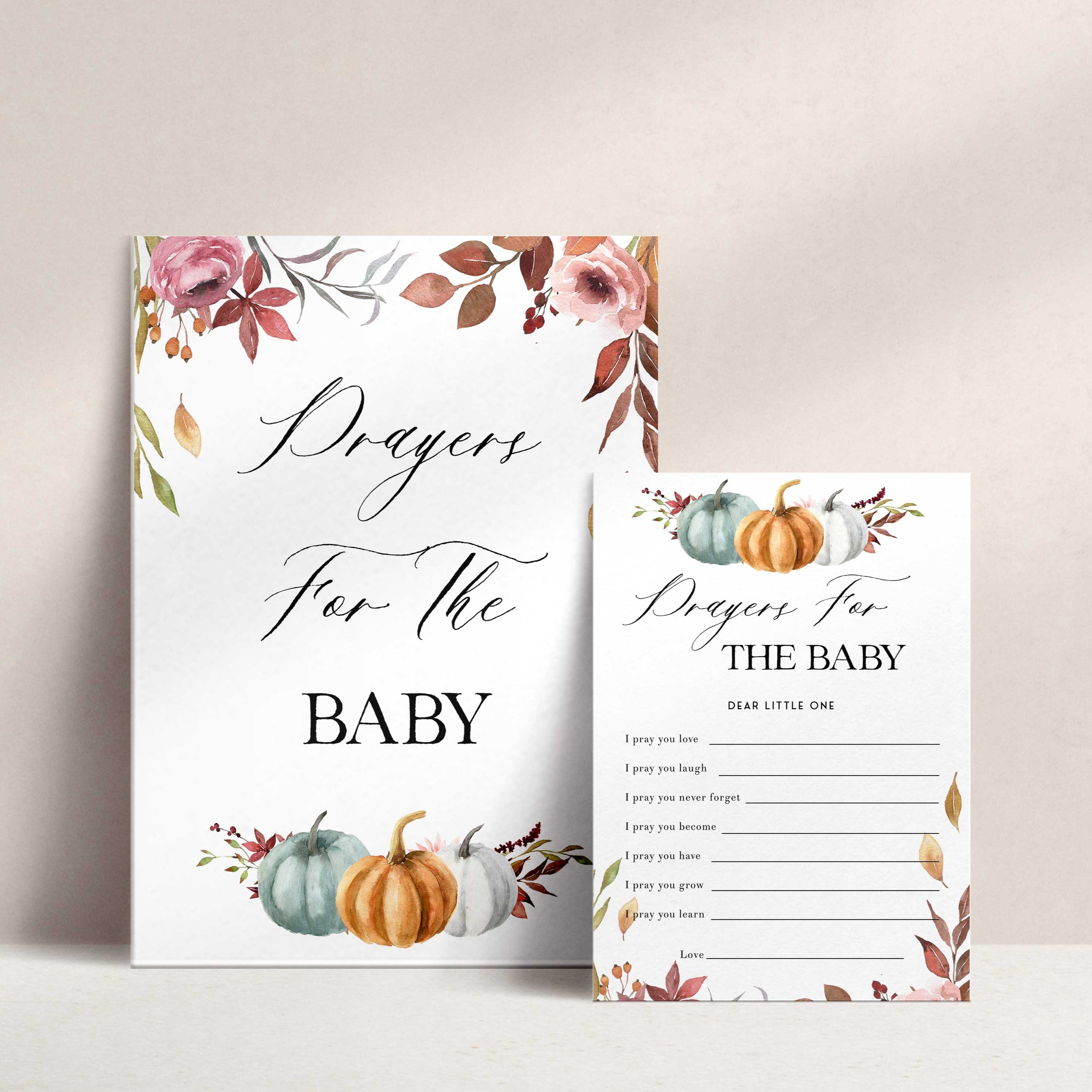 Fully editable and printable baby shower prayers for the baby game with a fall pumpkin design. Perfect for a Fall Pumpkin baby shower themed party
