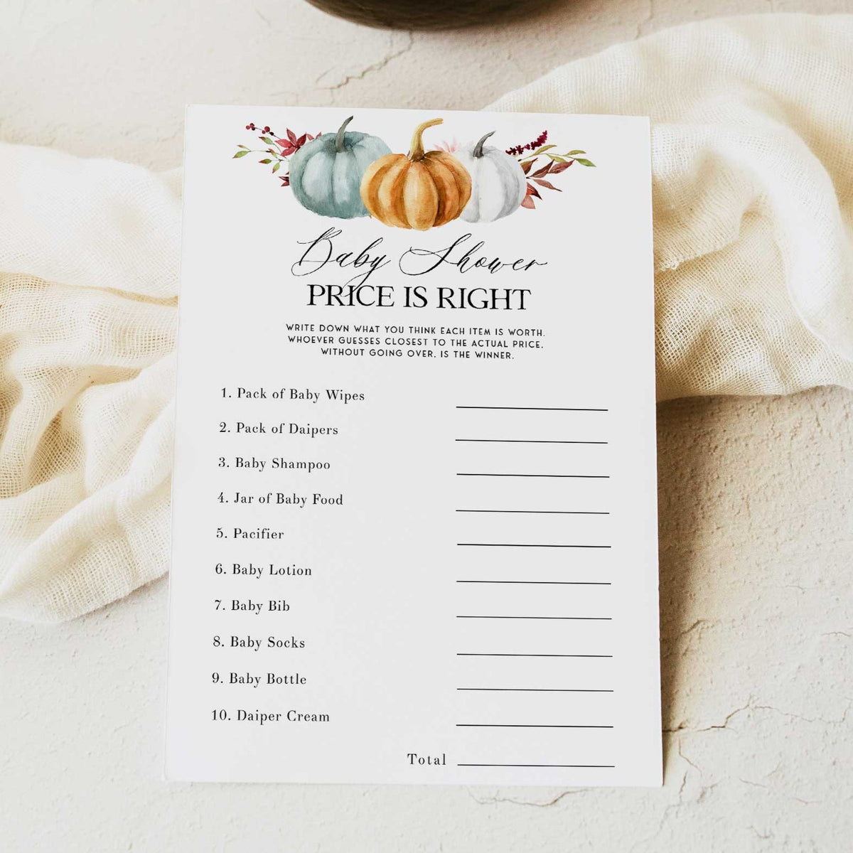 Fully editable and printable baby shower price is right game with a fall pumpkin design. Perfect for a Fall Pumpkin baby shower themed party