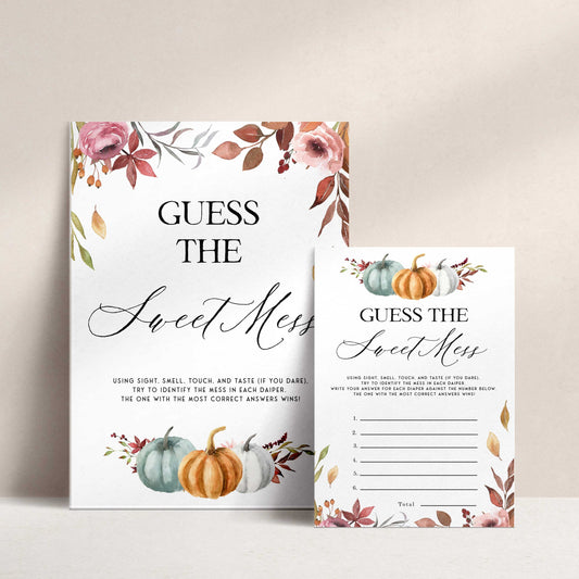 Fully editable and printable baby shower guess the sweet mess game with a fall pumpkin design. Perfect for a Fall Pumpkin baby shower themed party