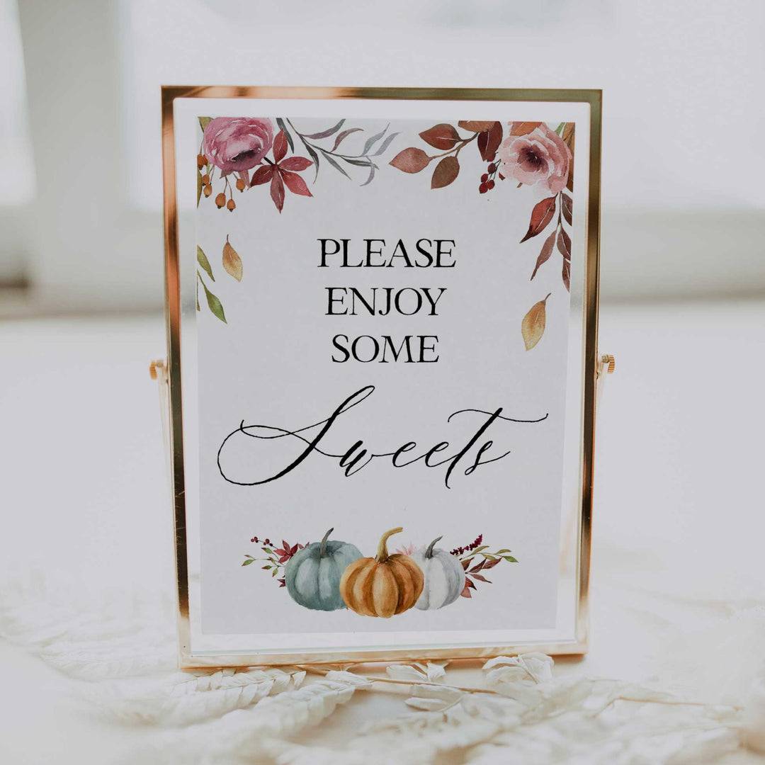 Fully editable and printable baby shower 8 table signs with a fall pumpkin design. Perfect for a Fall Pumpkin baby shower themed party
