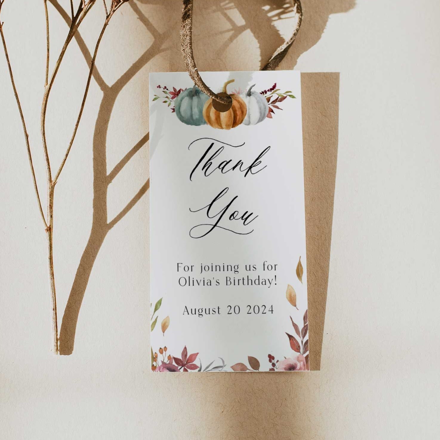 Fully editable and printable baby shower thank you tags with a fall pumpkin design. Perfect for a Fall Pumpkin baby shower themed party