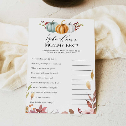 Fully editable and printable baby shower who knows mommy best game with a fall pumpkin design. Perfect for a Fall Pumpkin baby shower themed party