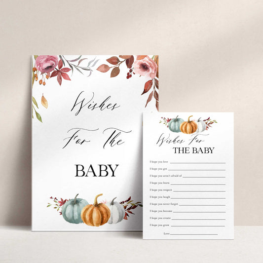 Fully editable and printable baby shower wishes for the baby game with a fall pumpkin design. Perfect for a Fall Pumpkin baby shower themed party