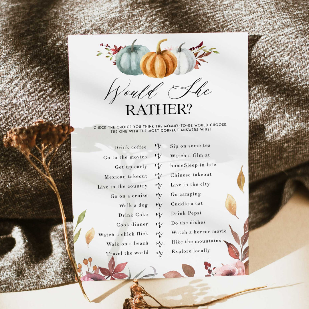 Fully editable and printable baby shower would she rather game with a fall pumpkin design. Perfect for a Fall Pumpkin baby shower themed party