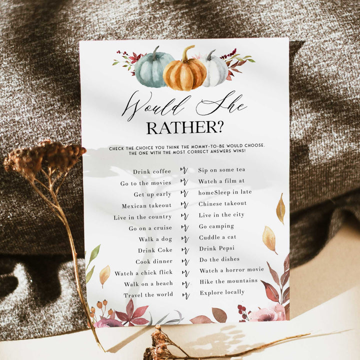 Fully editable and printable baby shower would she rather game with a fall pumpkin design. Perfect for a Fall Pumpkin baby shower themed party