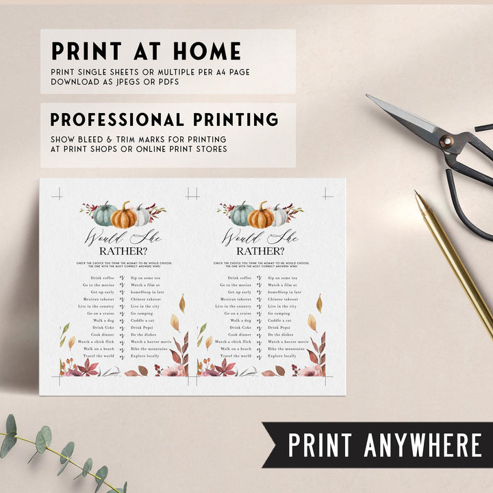 Fully editable and printable baby shower would she rather game with a fall pumpkin design. Perfect for a Fall Pumpkin baby shower themed party