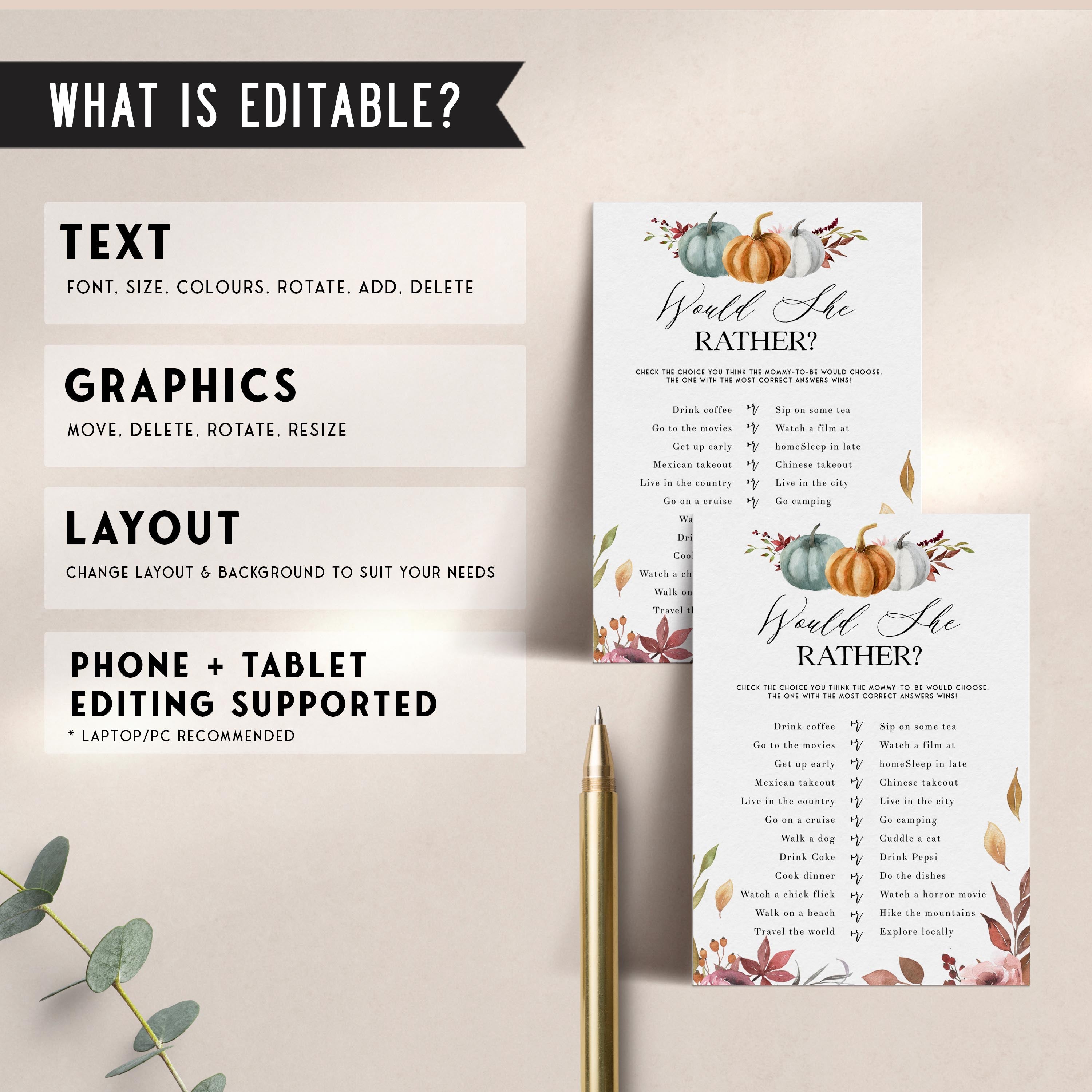 Fully editable and printable baby shower would she rather game with a fall pumpkin design. Perfect for a Fall Pumpkin baby shower themed party