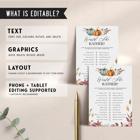 Fully editable and printable baby shower would she rather game with a fall pumpkin design. Perfect for a Fall Pumpkin baby shower themed party