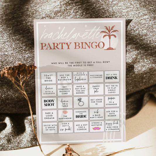 Fully editable and printable bachelorette party bingo game with a Palm Springs design. Perfect for a Palm Springs bridal shower themed party