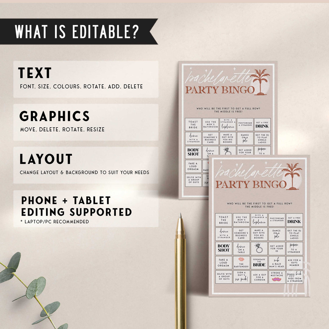 Fully editable and printable bachelorette party bingo game with a Palm Springs design. Perfect for a Palm Springs bridal shower themed party