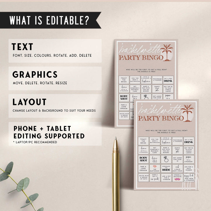 Fully editable and printable bachelorette party bingo game with a Palm Springs design. Perfect for a Palm Springs bridal shower themed party