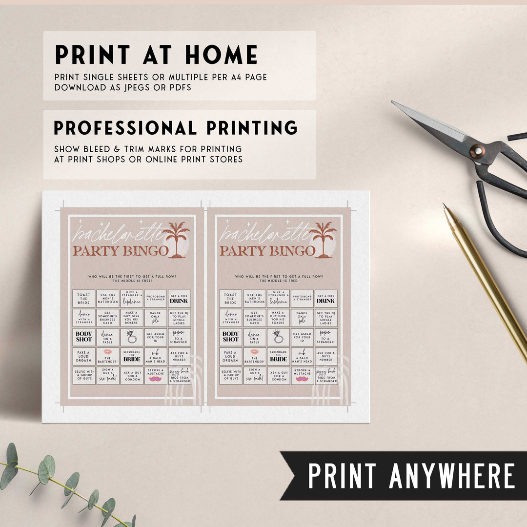 Fully editable and printable bachelorette party bingo game with a Palm Springs design. Perfect for a Palm Springs bridal shower themed party