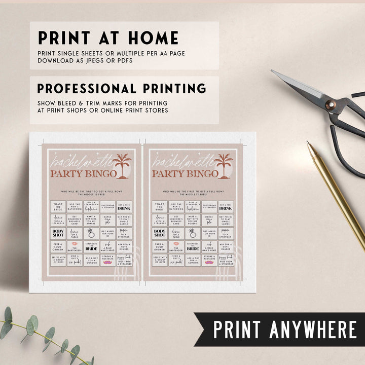 Fully editable and printable bachelorette party bingo game with a Palm Springs design. Perfect for a Palm Springs bridal shower themed party