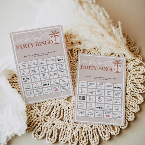 Fully editable and printable bachelorette party bingo game with a Palm Springs design. Perfect for a Palm Springs bridal shower themed party
