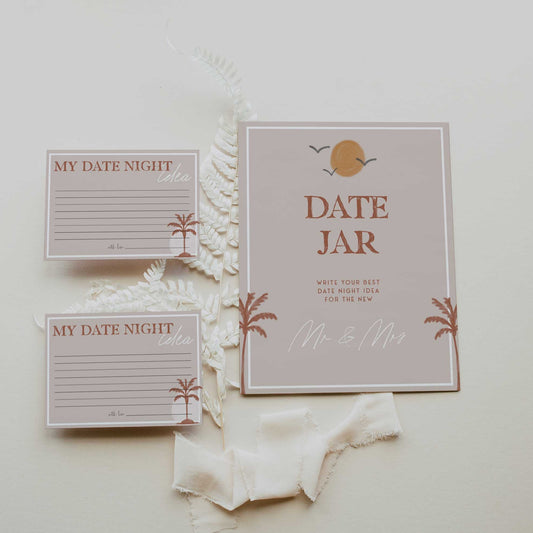 Fully editable and printable bridal shower date night jar game with a Palm Springs design. Perfect for a Palm Springs bridal shower themed party