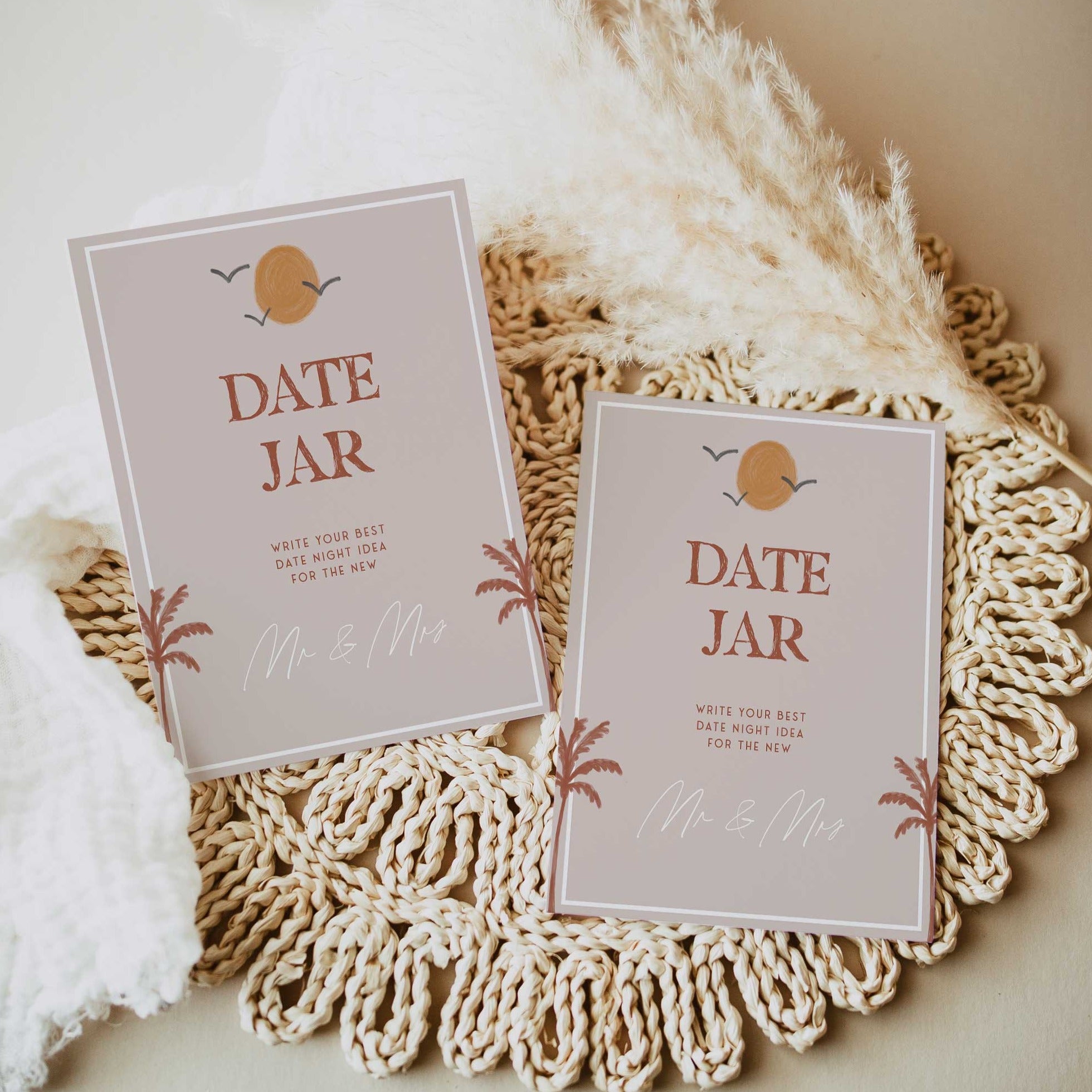 Fully editable and printable bridal shower date night jar game with a Palm Springs design. Perfect for a Palm Springs bridal shower themed party