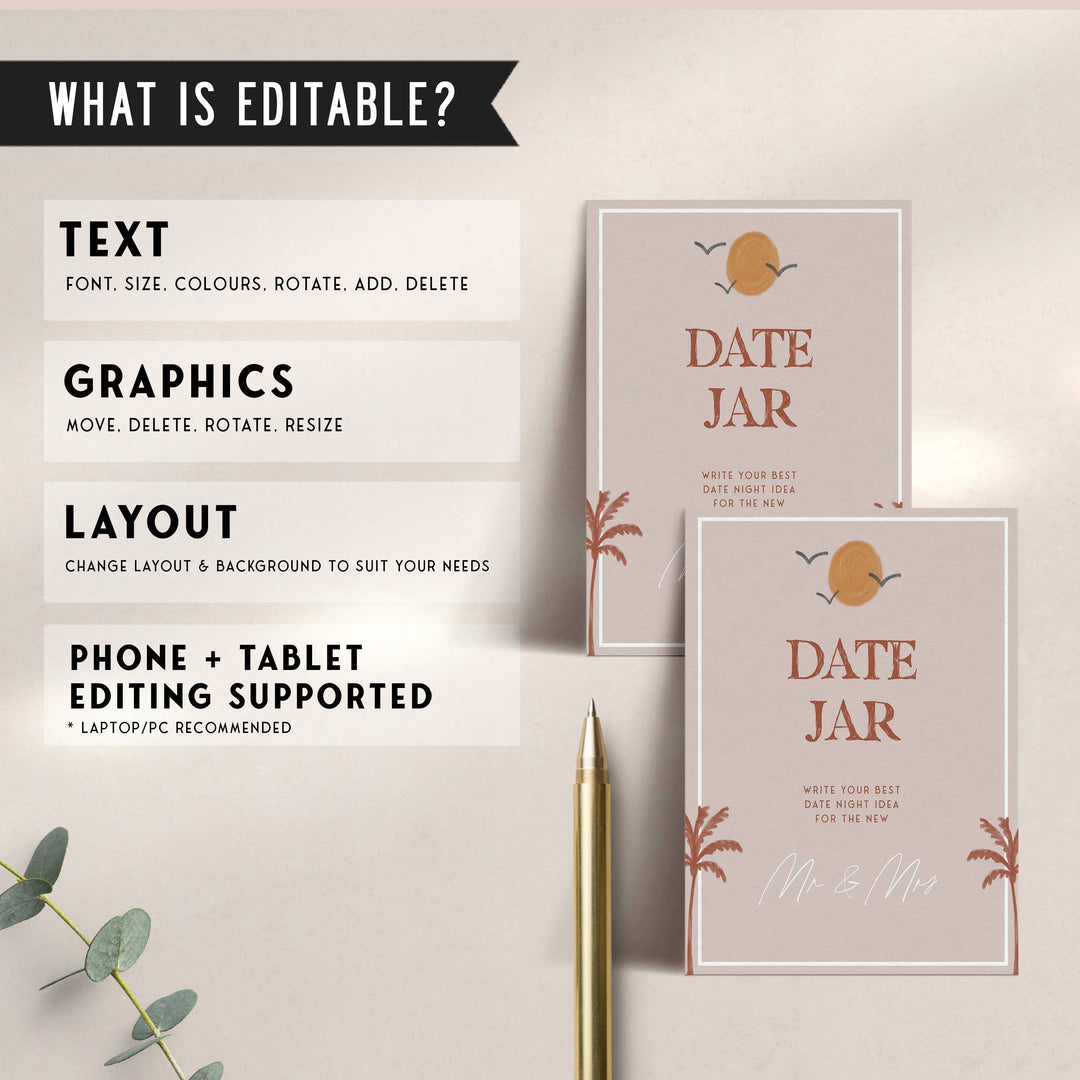 Fully editable and printable bridal shower date night jar game with a Palm Springs design. Perfect for a Palm Springs bridal shower themed party