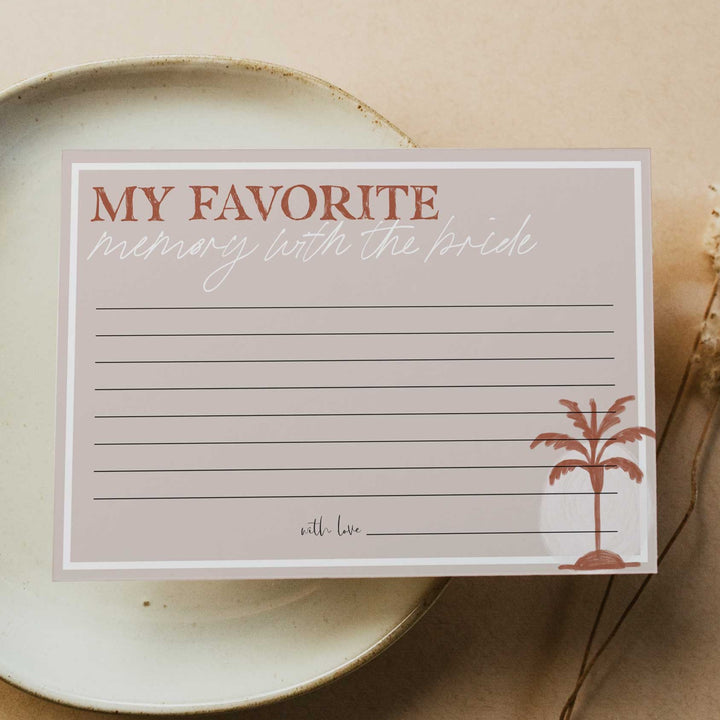 Fully editable and printable bridal shower favorite memory with the bride game with a Palm Springs design. Perfect for a Palm Springs bridal shower themed party