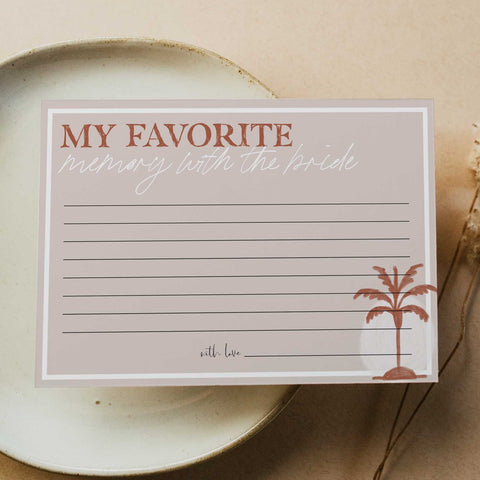 Fully editable and printable bridal shower favorite memory with the bride game with a Palm Springs design. Perfect for a Palm Springs bridal shower themed party