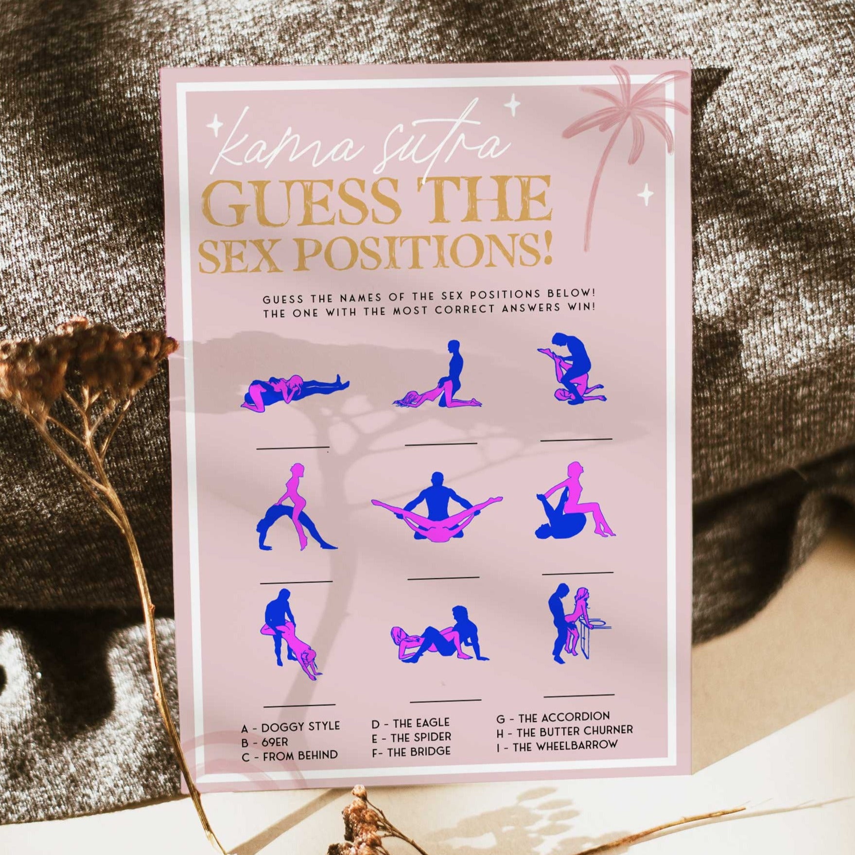 Fully editable and printable bridal shower name the sex positions game with a Palm Springs design. Perfect for a Palm Springs bridal shower themed party