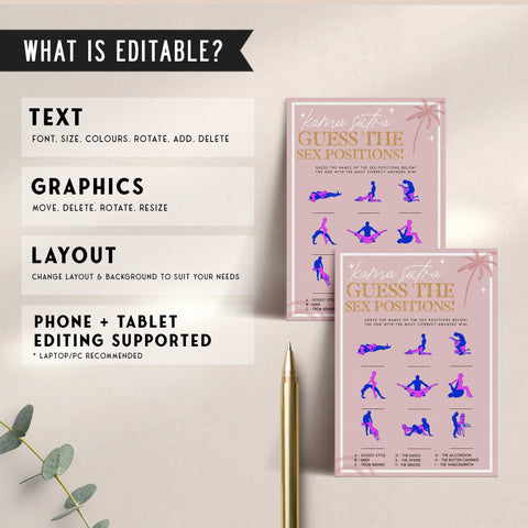 Fully editable and printable bridal shower name the sex positions game with a Palm Springs design. Perfect for a Palm Springs bridal shower themed party