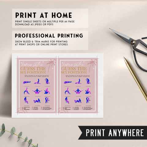 Fully editable and printable bridal shower name the sex positions game with a Palm Springs design. Perfect for a Palm Springs bridal shower themed party