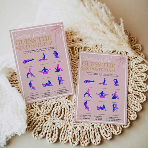Fully editable and printable bridal shower name the sex positions game with a Palm Springs design. Perfect for a Palm Springs bridal shower themed party